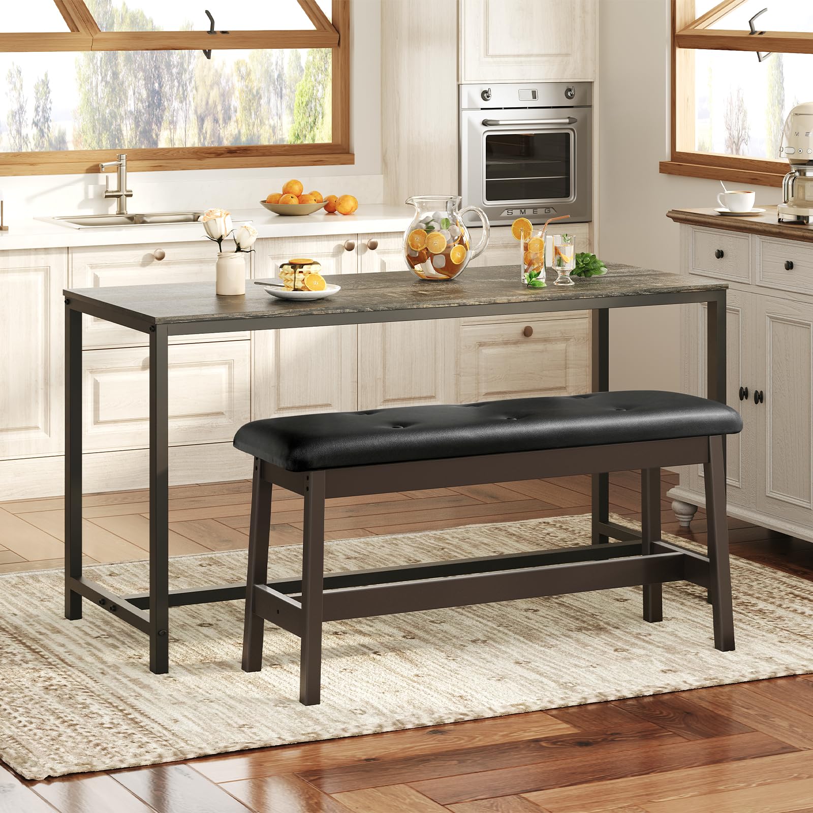 Bamboo Dining Bench with PU Leather Upholstered Seat