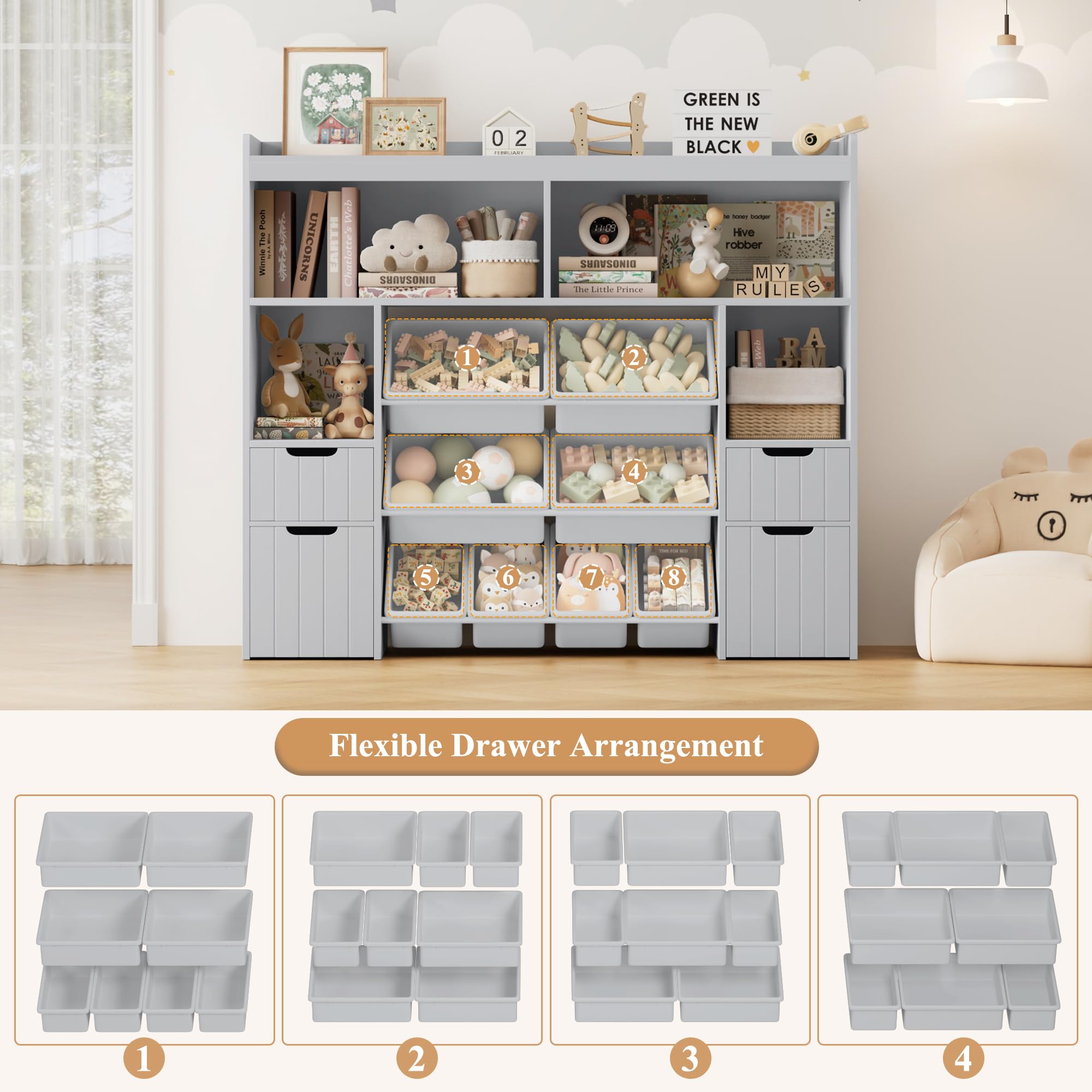 55" Toy Storage Organizer with Drawers and Removable Bins