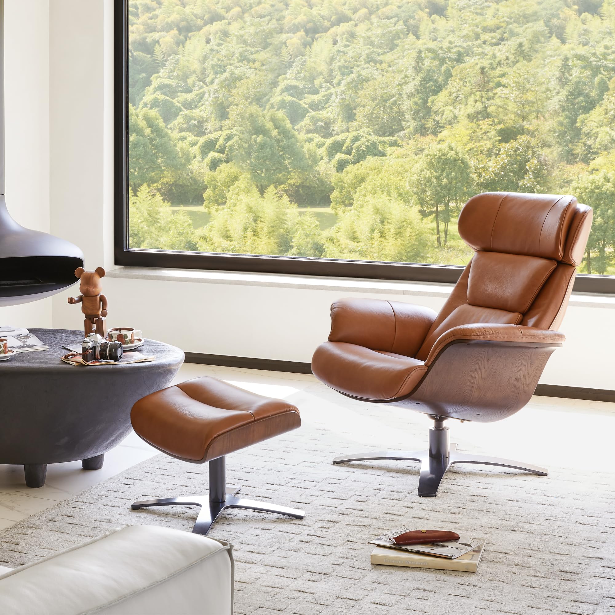 Genuine Leather Reclining Swivel Chair with Adjustable Headrest and Ottoman