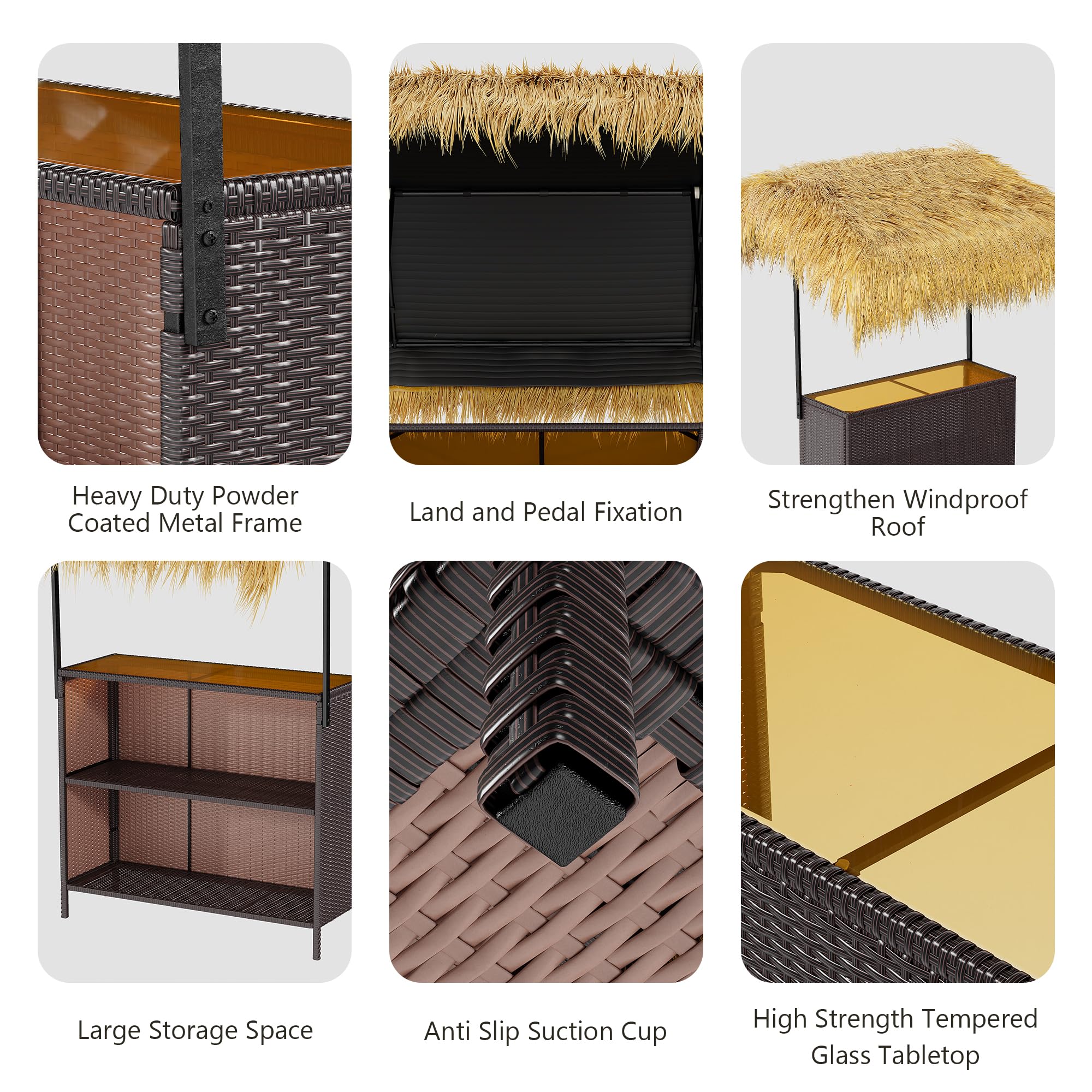 Phuket Patio Tiki Bar Set with Tempered Glass Top