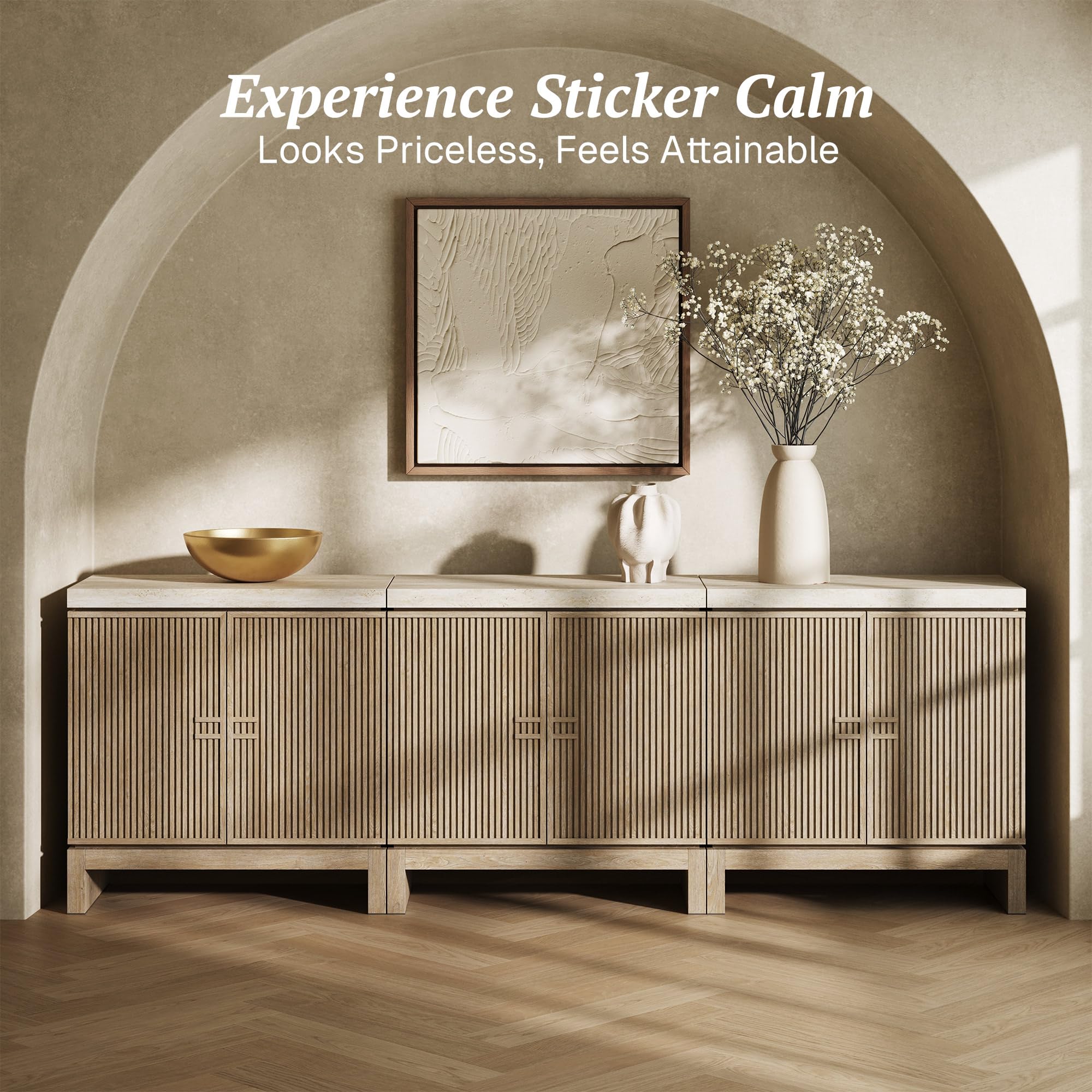 Travertine Sideboard Buffet Cabinet with Fluted Doors
