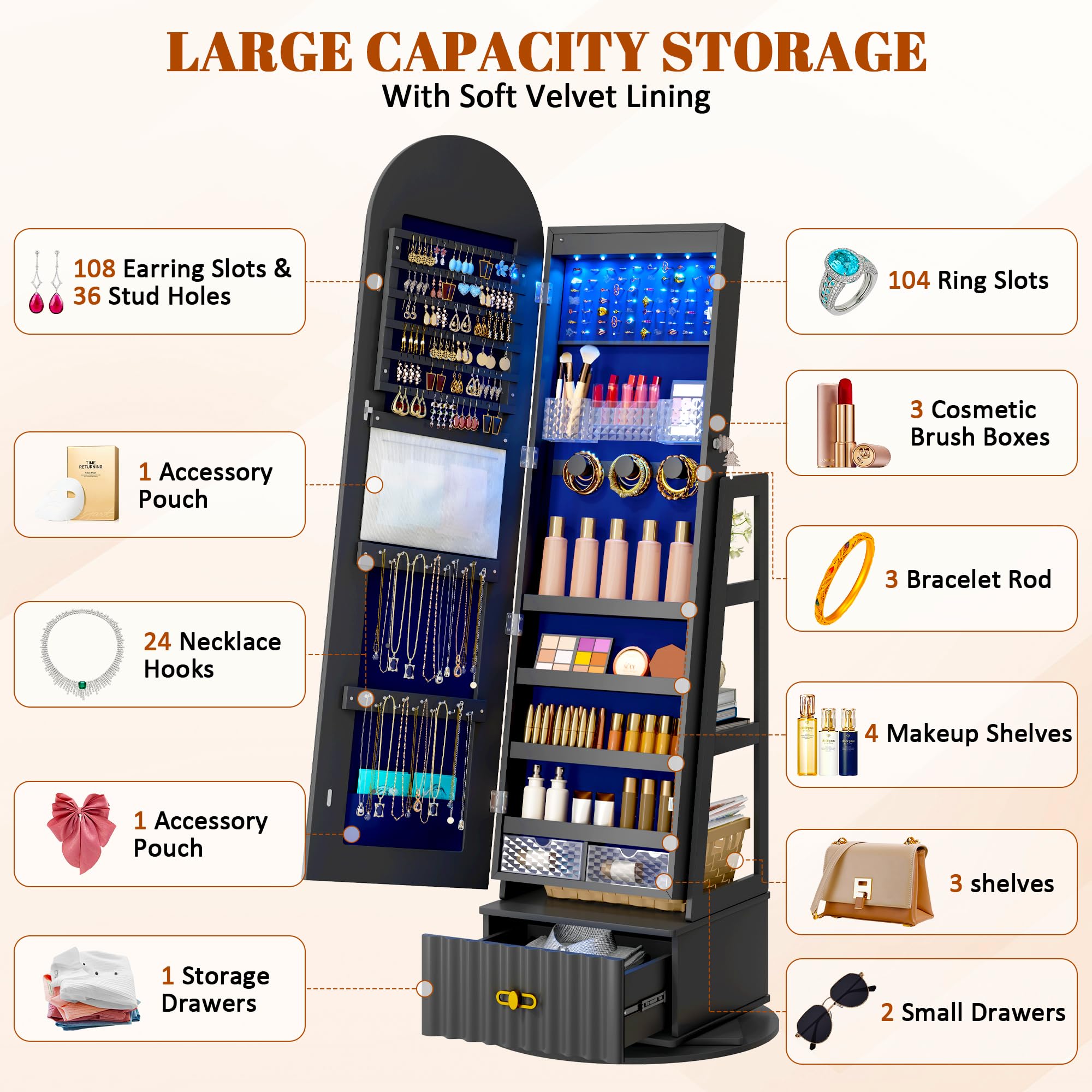 Full Length Mirror Jewelry Cabinet with Storage