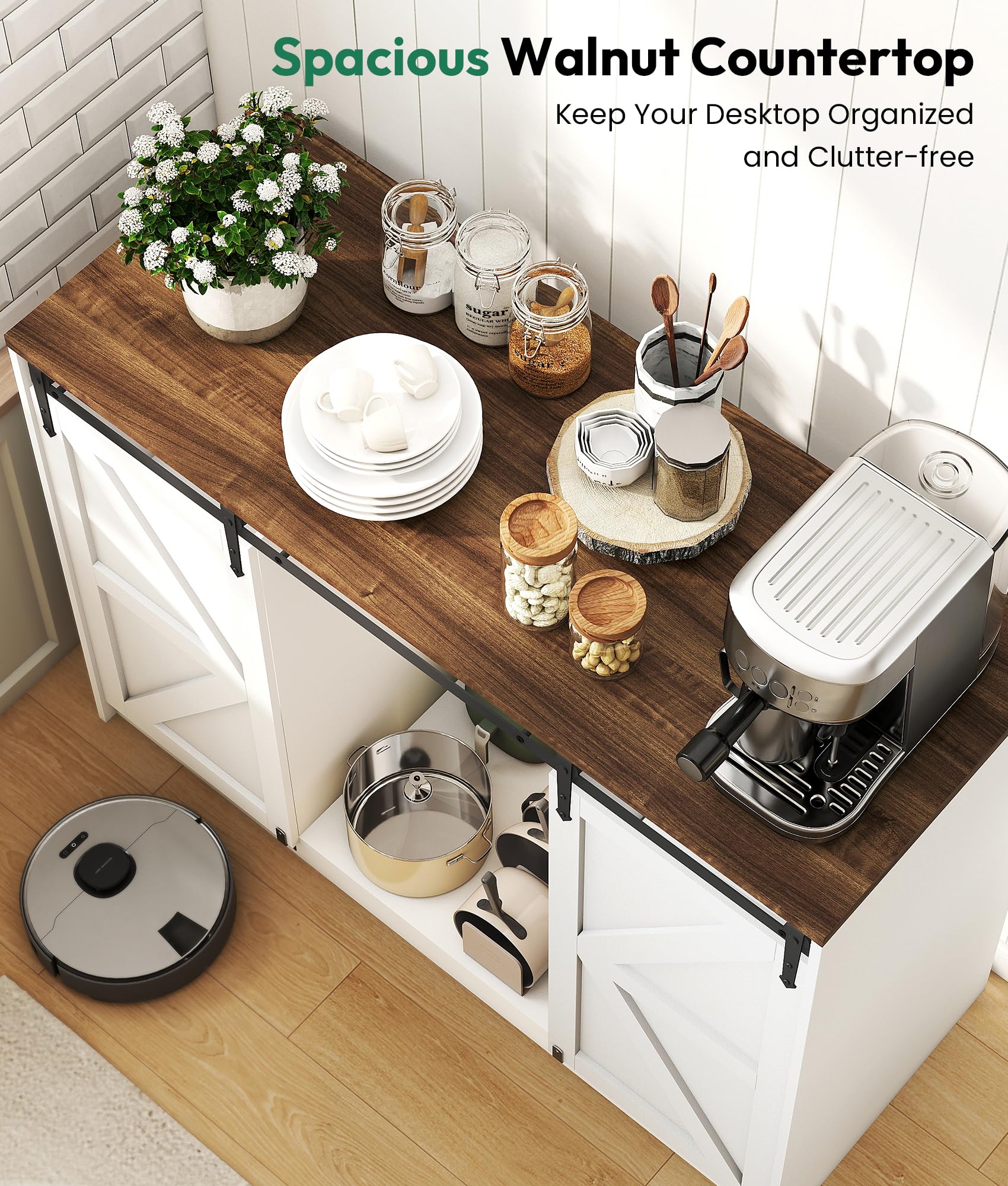 Farmhouse Coffee Bar Cabinet with Fridge Space