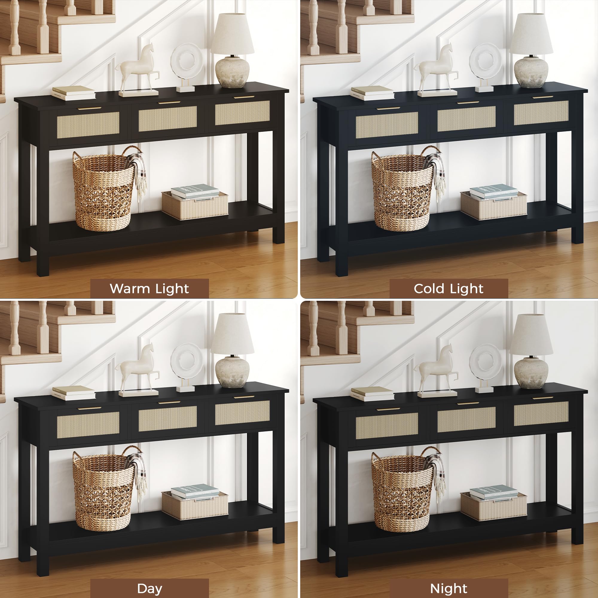 Console Table with 3 Rattan Drawers - 47 Inch Black