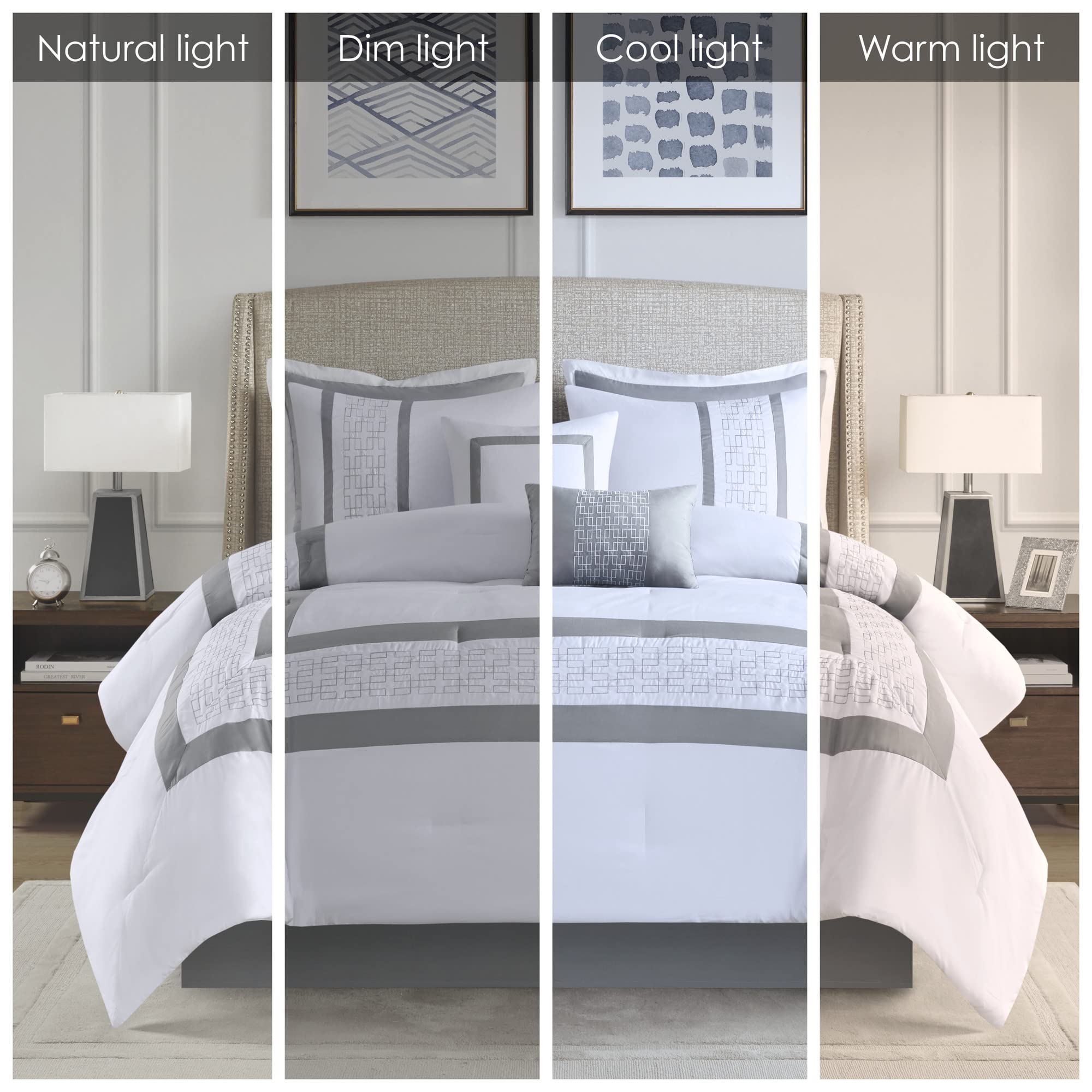 510 DESIGN Powell Cozy Comforter Set, Hotel Style Border Design with Geometric Embroidery Details, All Season Bedding with Matching Sham, Decorative Pillow, Bedskirt, Queen(90"x90"), White 8 Piece