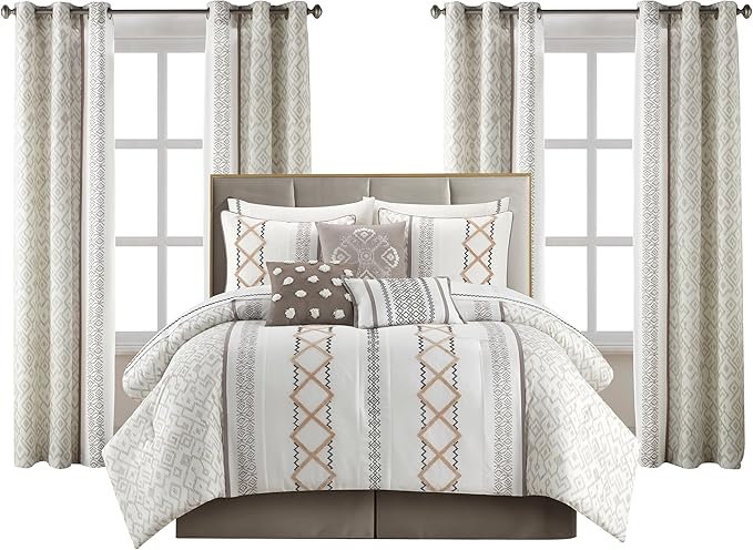 King Comforter Set 7 Pieces White Red Geometric Embroidered