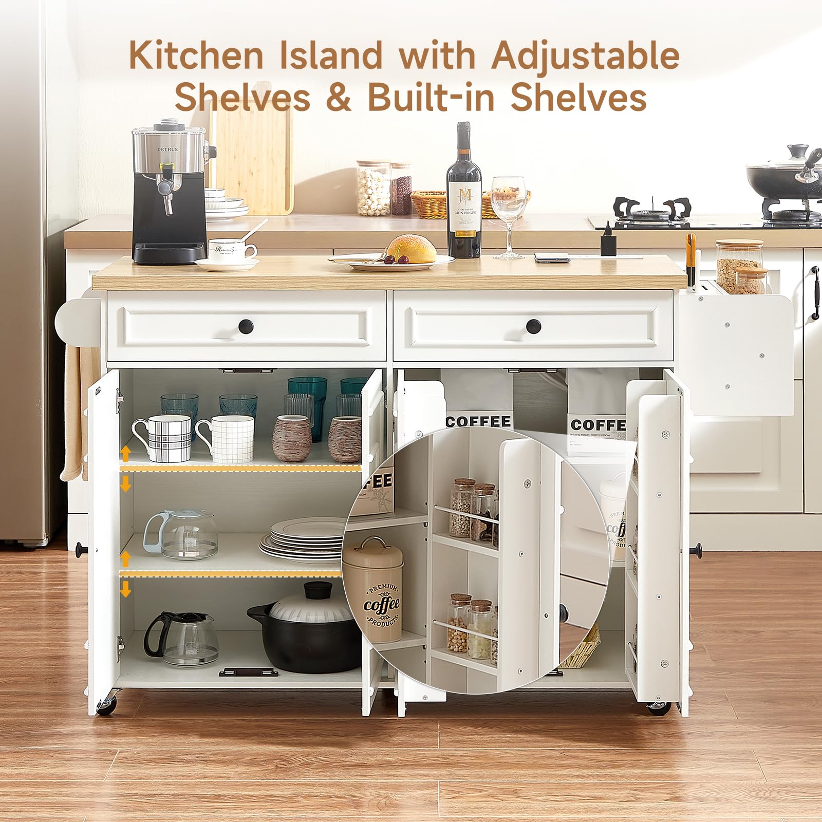 58" Mobile Kitchen Island Cart with Power Outlet