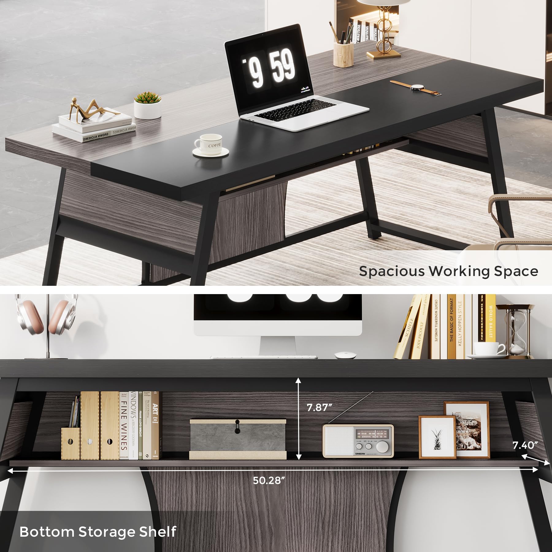 63-Inch Executive Desk with Bookshelf and LED Light