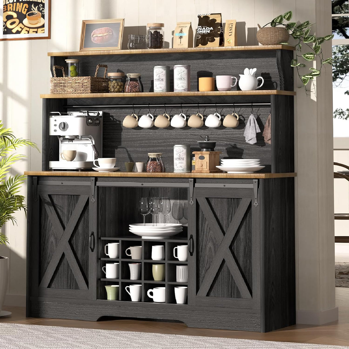 Farmhouse Coffee Bar Cabinet with 3-Tier Storage Hutch