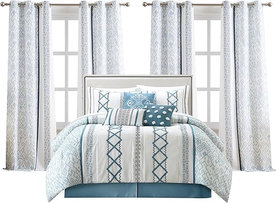 Blue Queen Comforter Set 7-Piece Geometric Embroidered Bedding