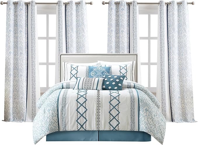 King Comforter Set 7 Pieces White Red Geometric Embroidered