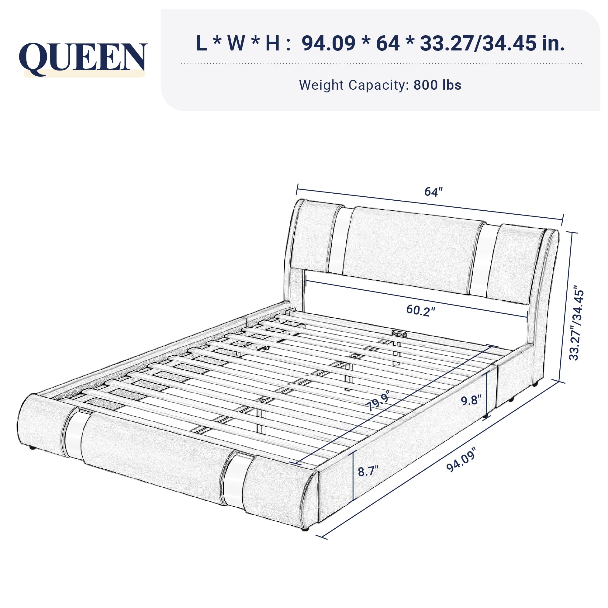 Queen Size Platform Bed Frame with Adjustable Headboard