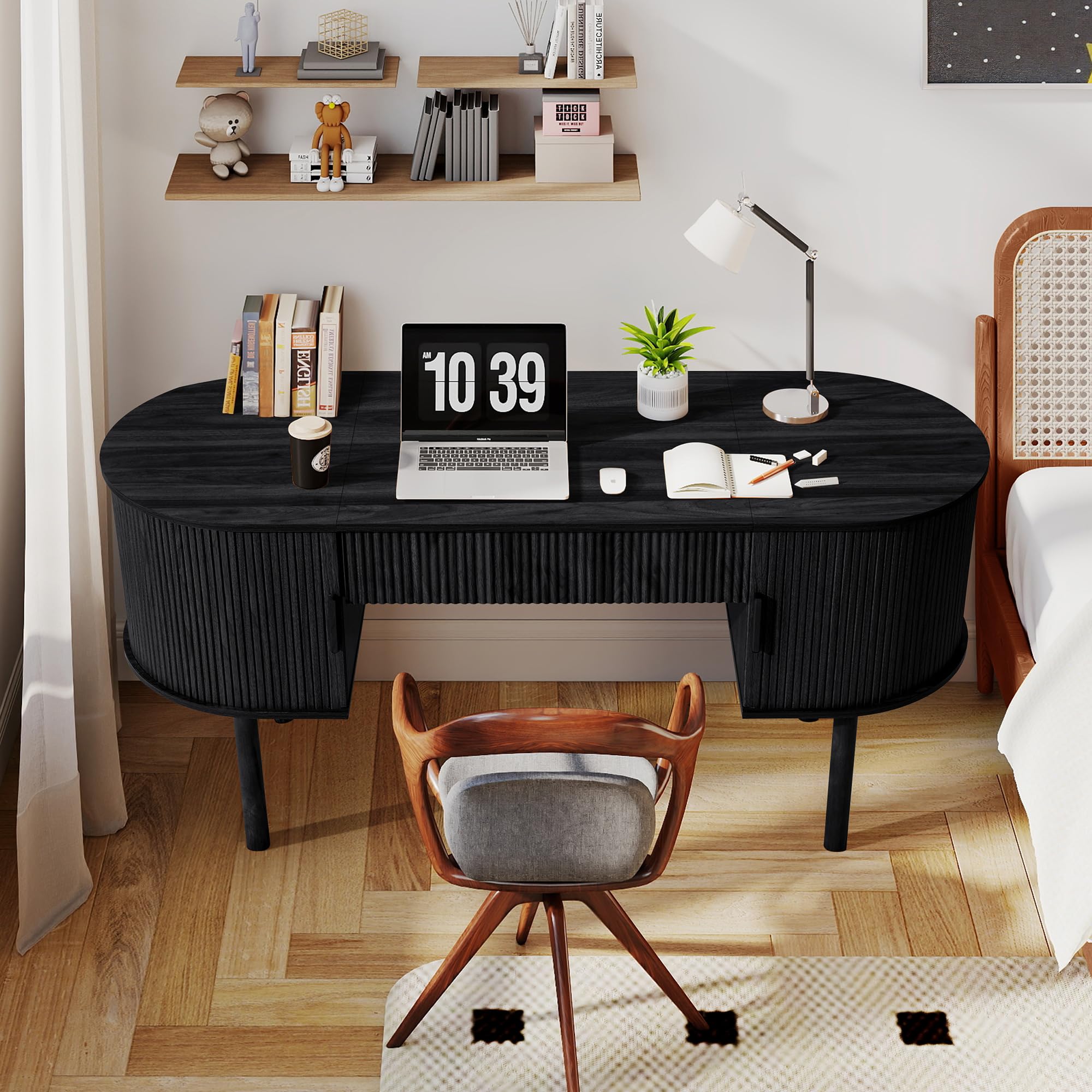 Modern Fluted Oval Executive Desk with Storage