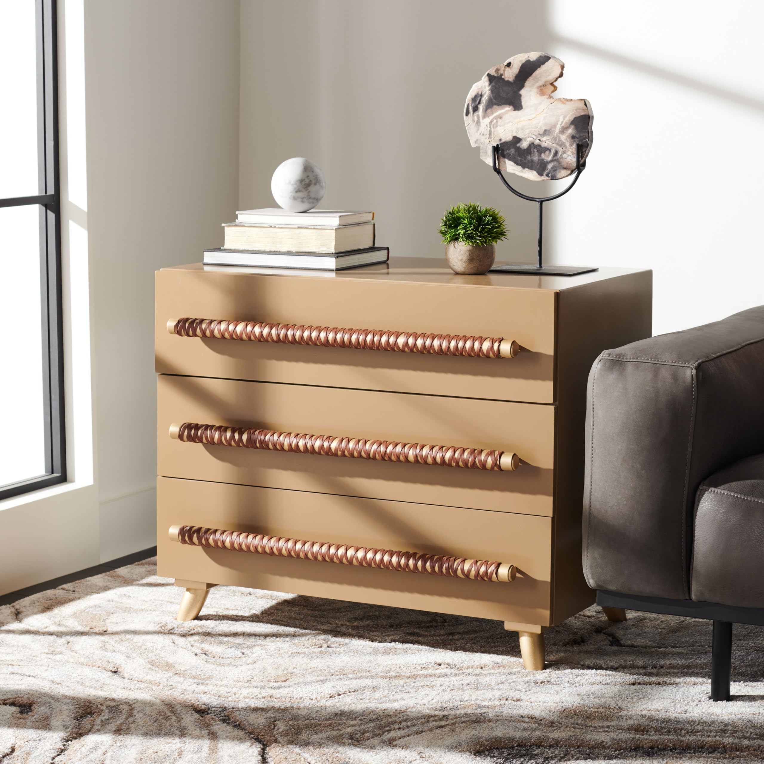 Modern Taupe and Gold 3-Drawer Chest