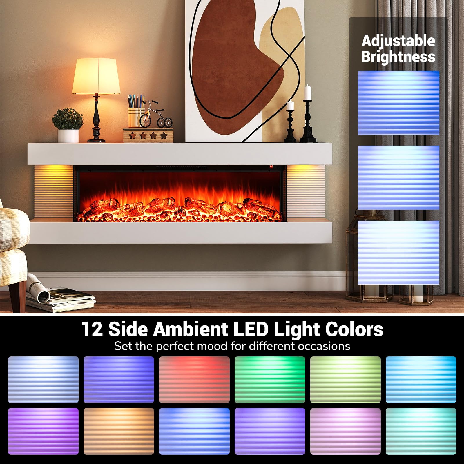 50-Inch Wall Mount Electric Fireplace with Floating Mantel