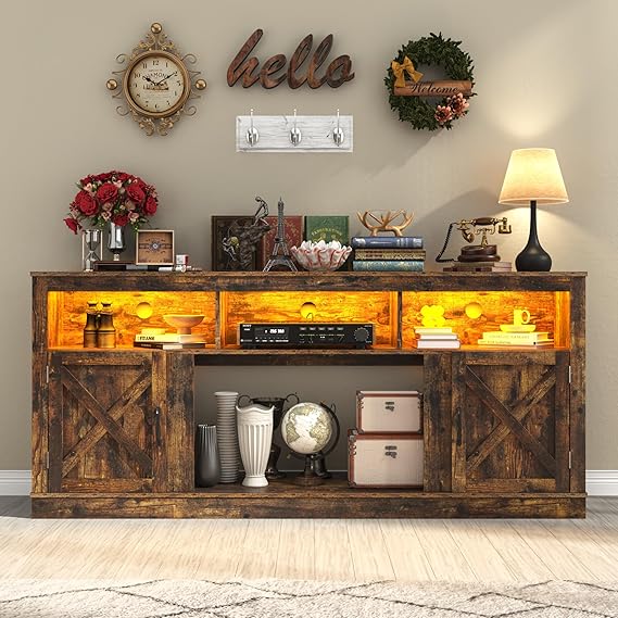 Farmhouse TV Stand for 70-80 Inch TV with LED Light and Barn Doors