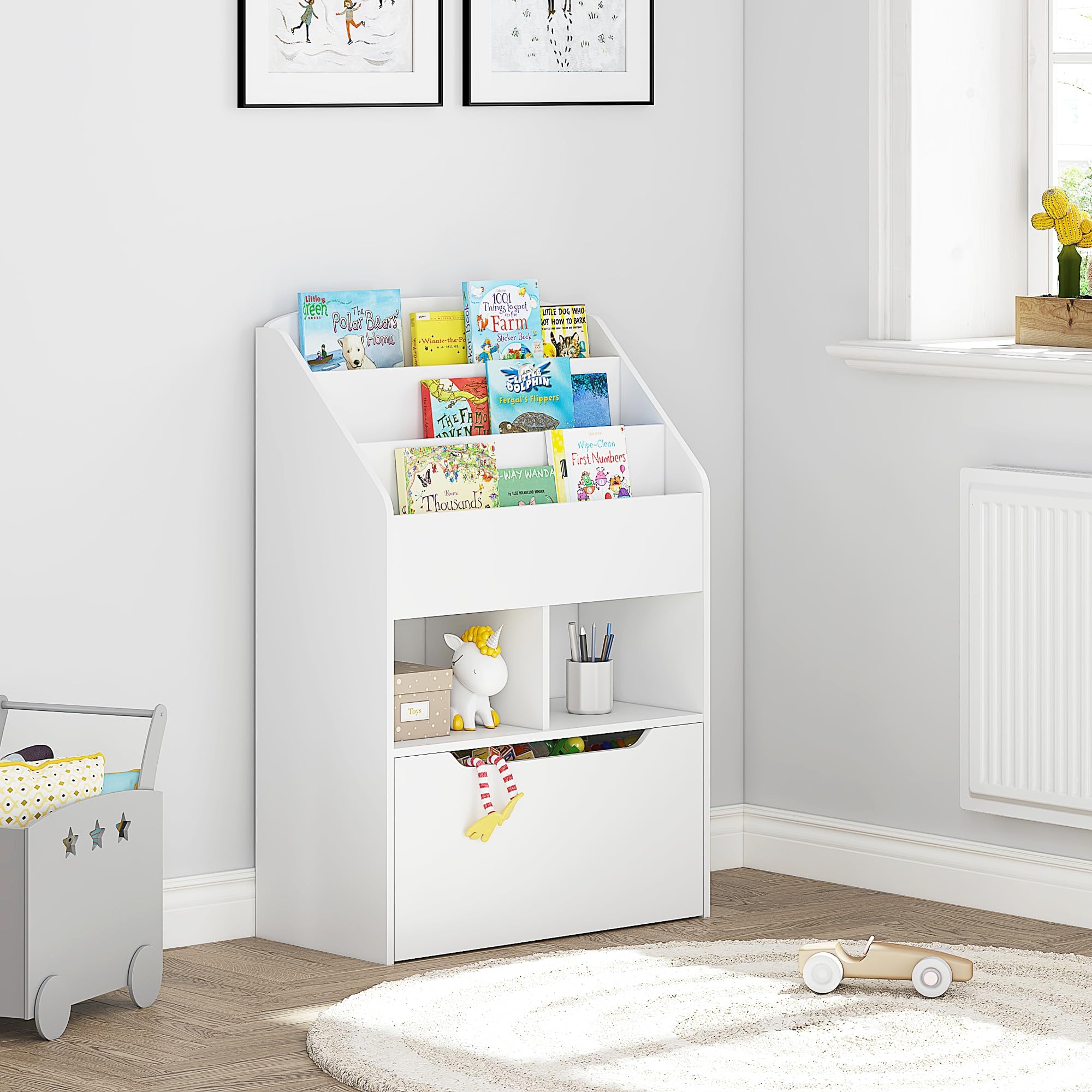 Kids Bookshelf with Movable Toy Box