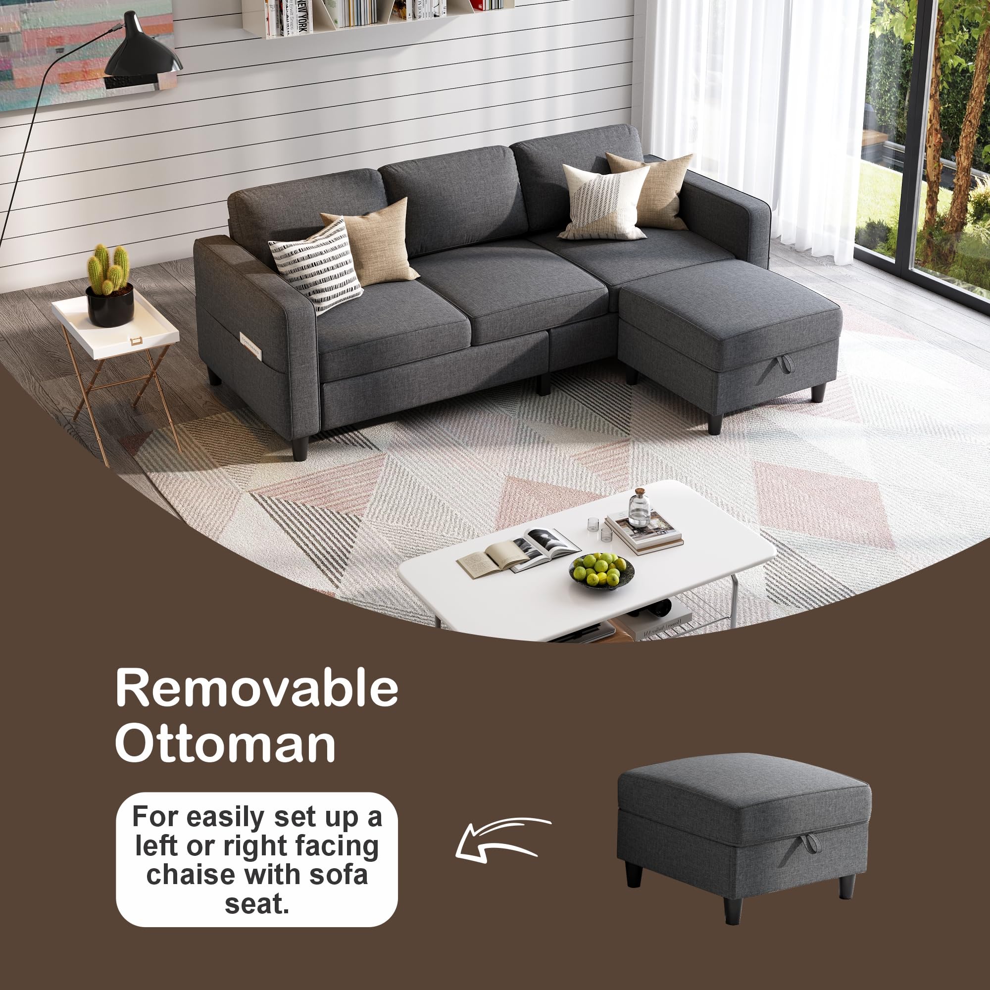 78" L-Shaped Sectional Sofa with Storage Ottoman