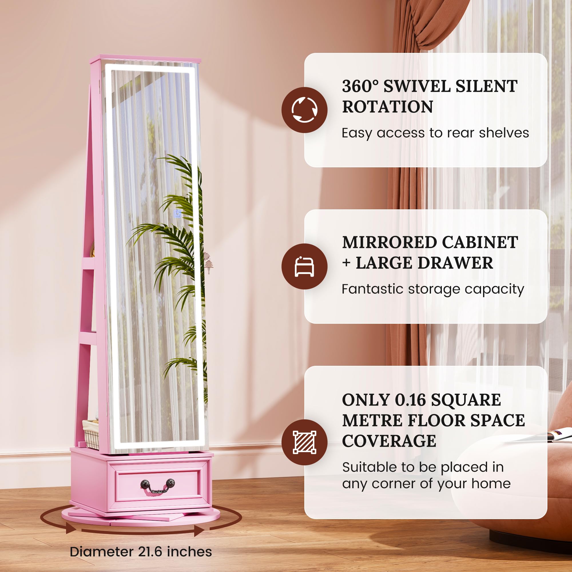 LED Mirror Jewelry Cabinet with 360° Swivel and Storage Drawer