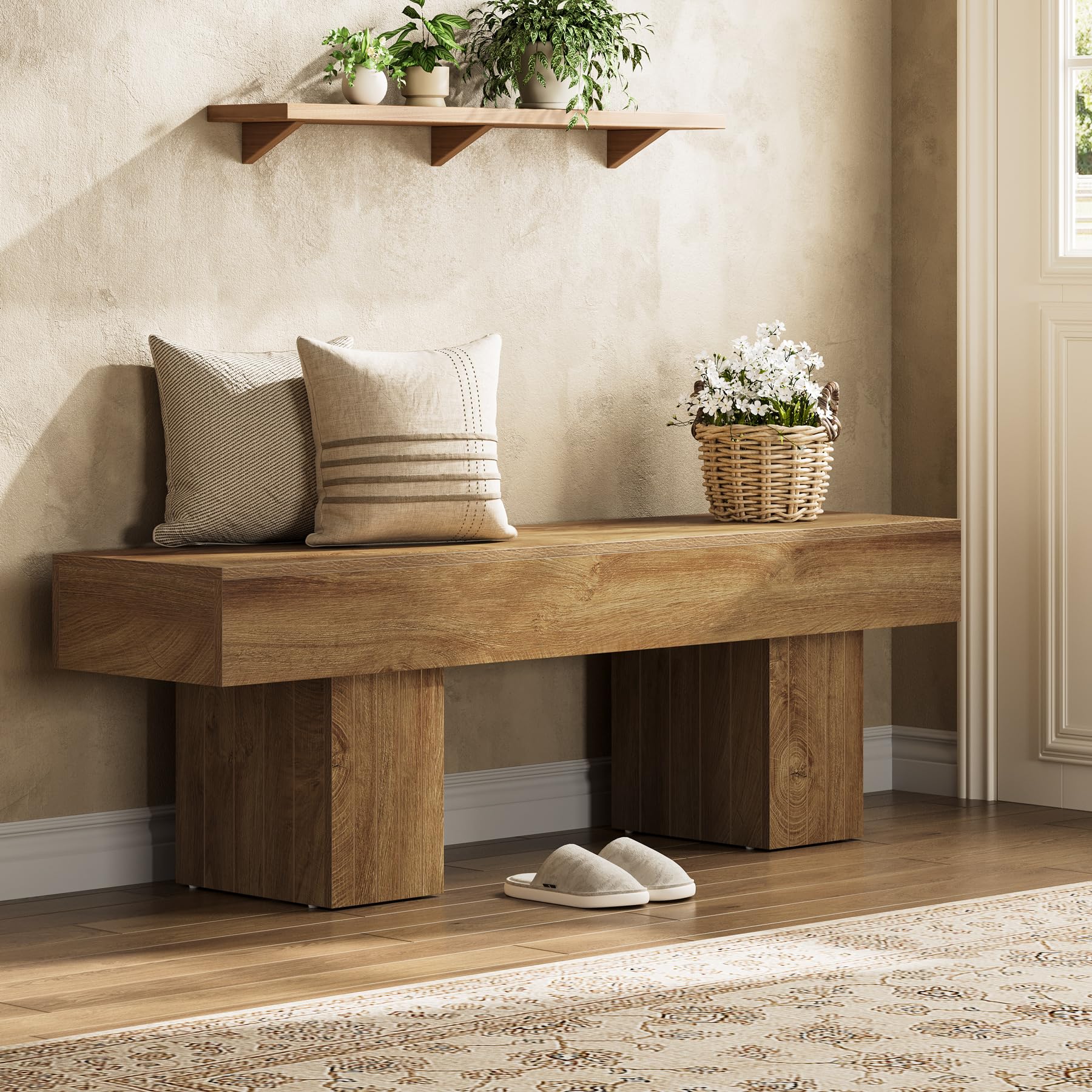 55" Farmhouse Dining Bench - Wooden Entryway Bench