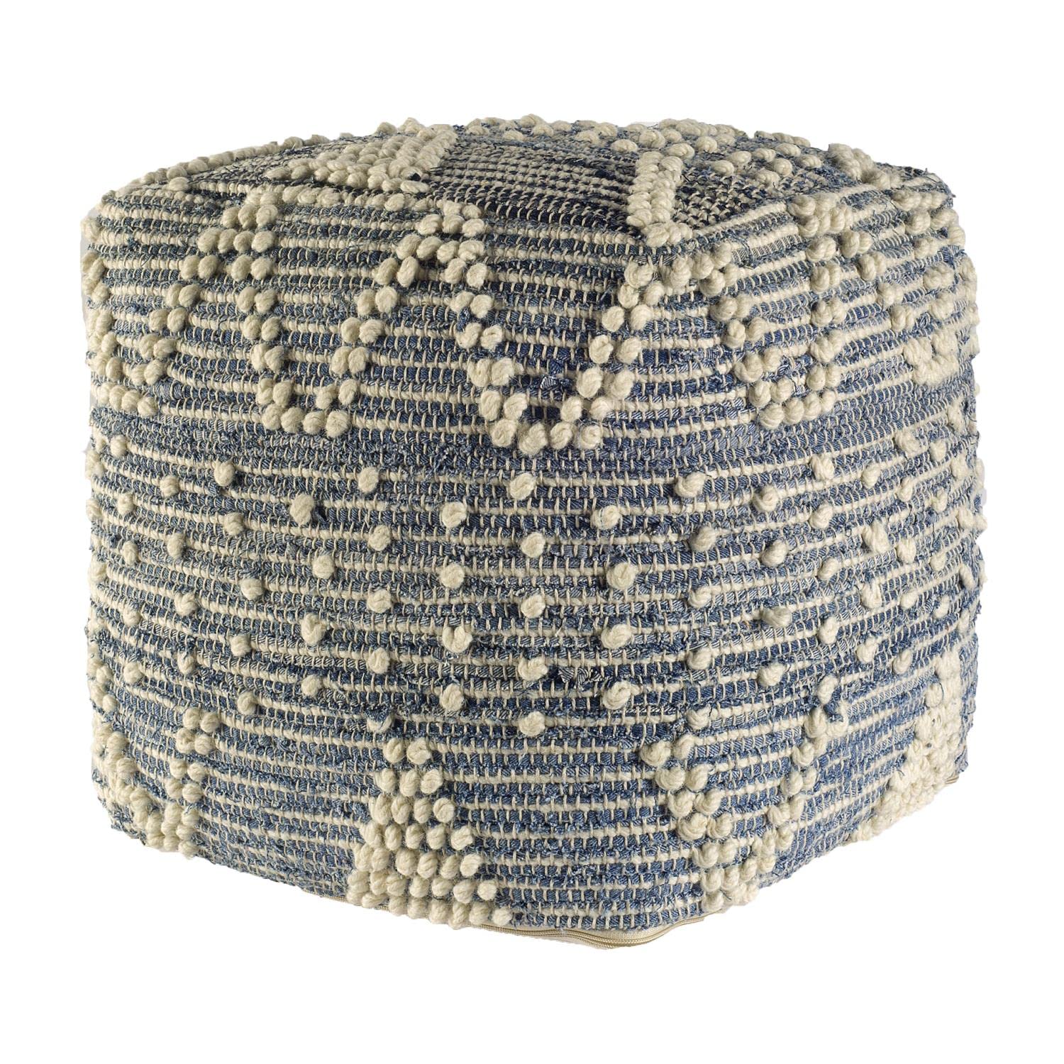 Handwoven Wool Square Pouf 16x16x16 Blue Ivory