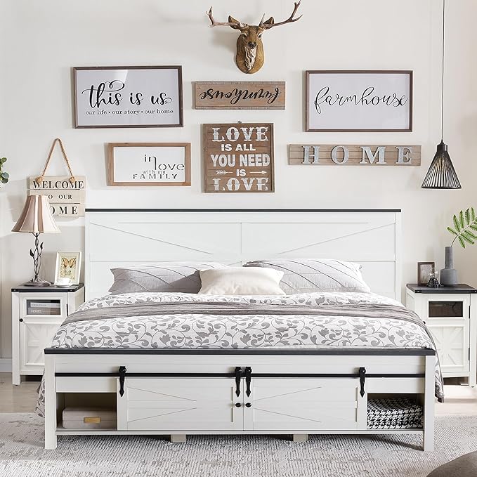 Farmhouse Wood Bed Frame Queen Size with Storage Cabinets