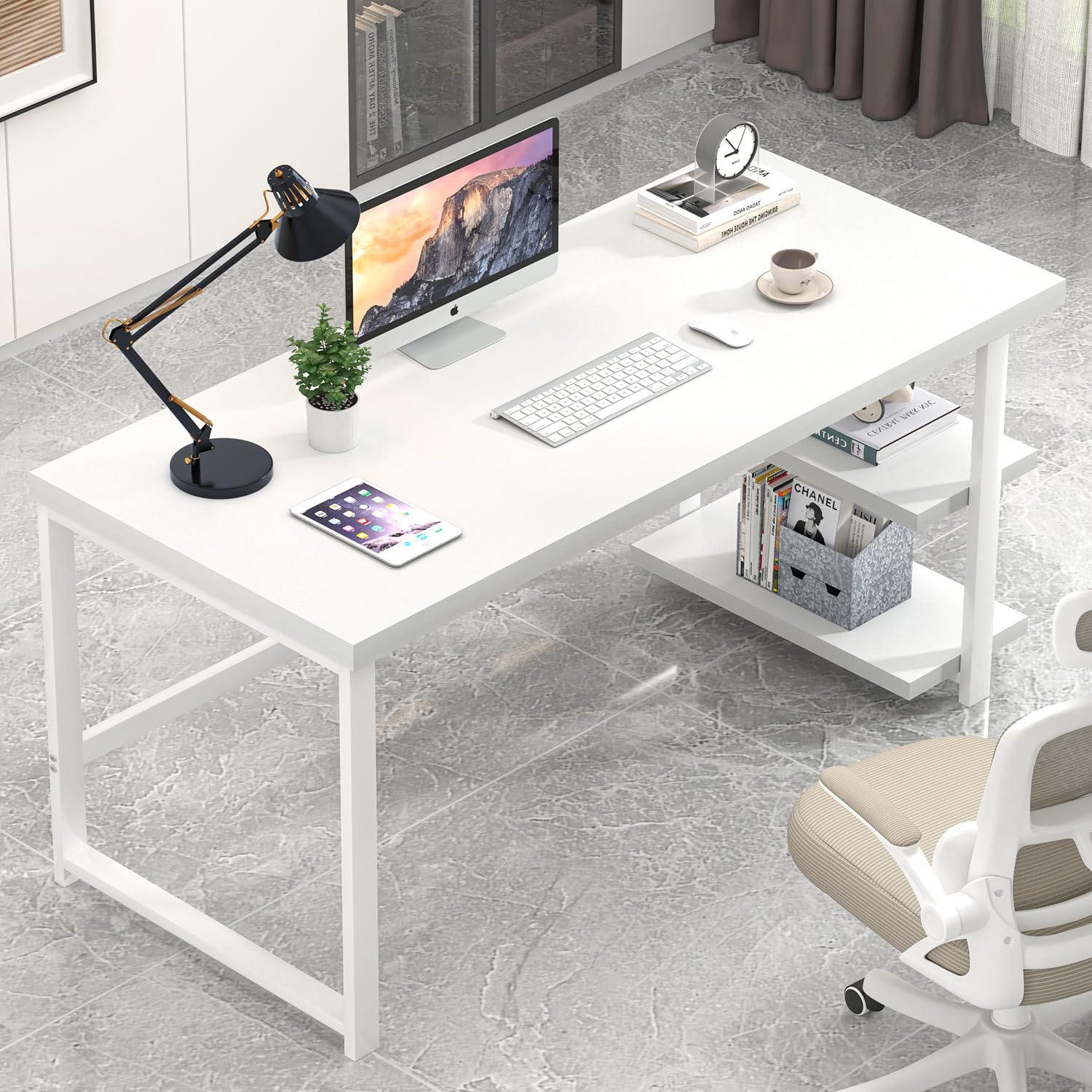 White Computer Desk with Storage Shelf 53 Inch