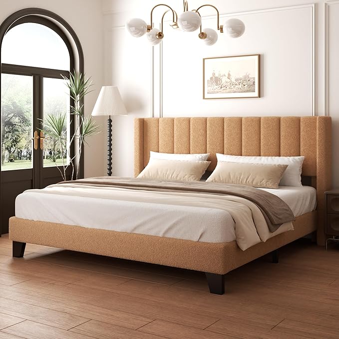 King Upholstered Platform Bed Frame with Teddy Velvet Headboard