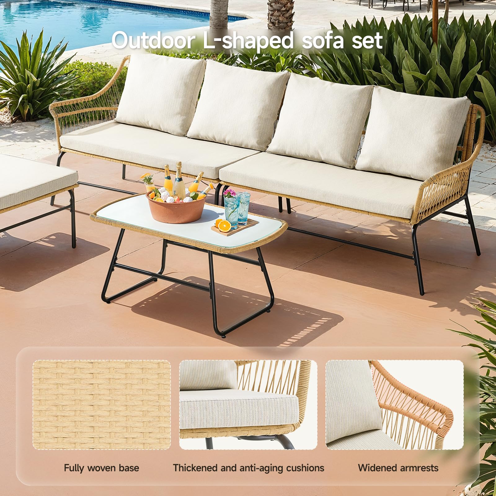 4-Piece Outdoor Sectional Set with Tempered Glass Coffee Table