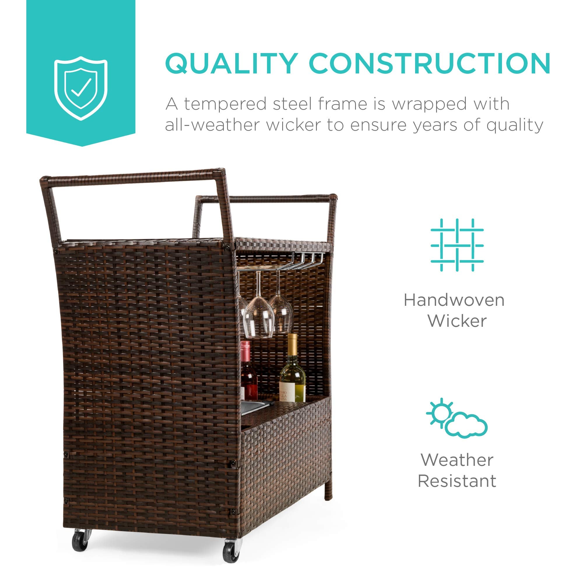 Outdoor Rolling Wicker Bar Cart with Glass Top