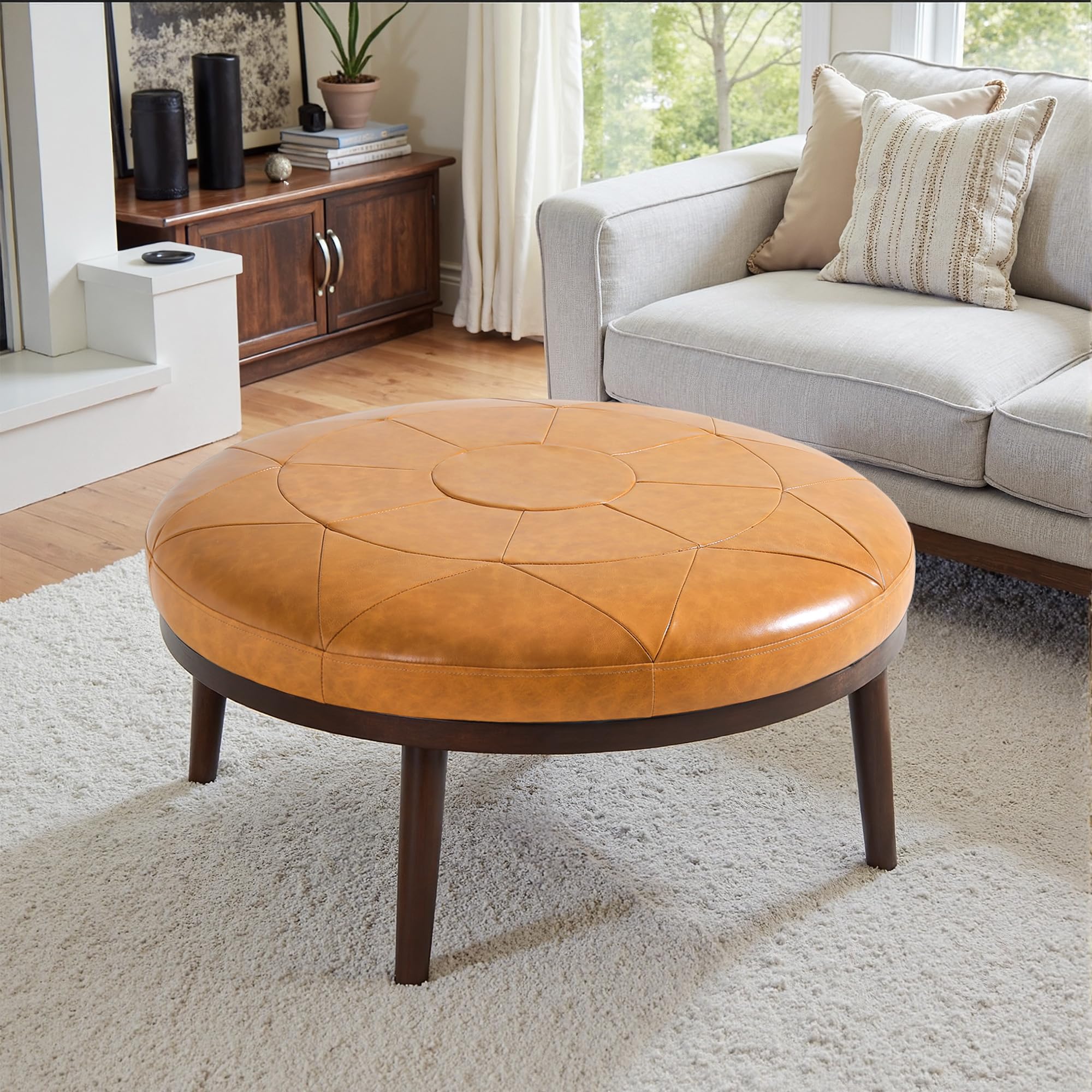 Round Leather Ottoman Coffee Table