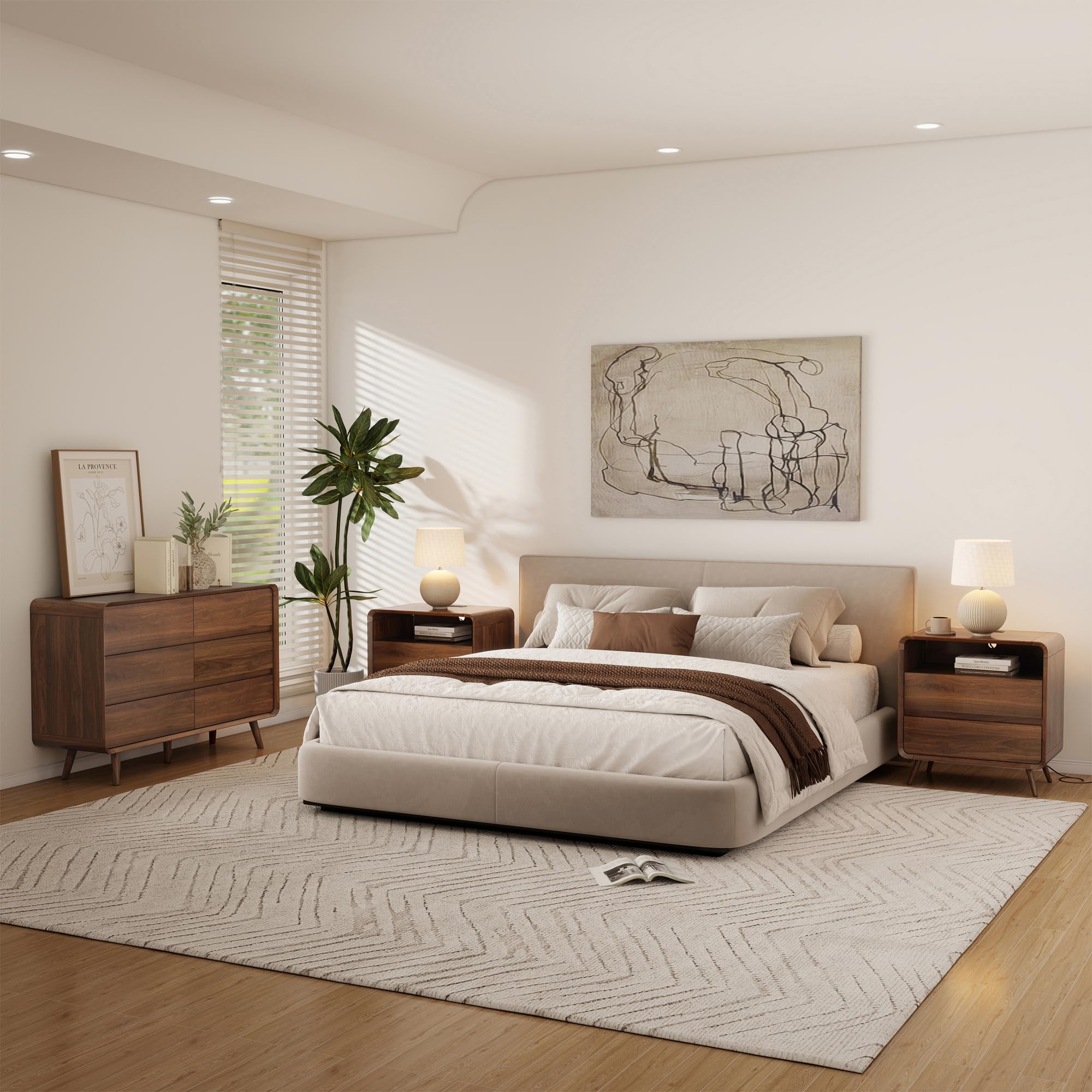 Nasonet Dresser and Nightstand Sets 3 Piece, 6 Drawer Dresser for Bedroom and Nightstands Set of 2, Wood Chest of Drawers Night Stand Mid Century Modern Bedroom Furniture Set, Walnut