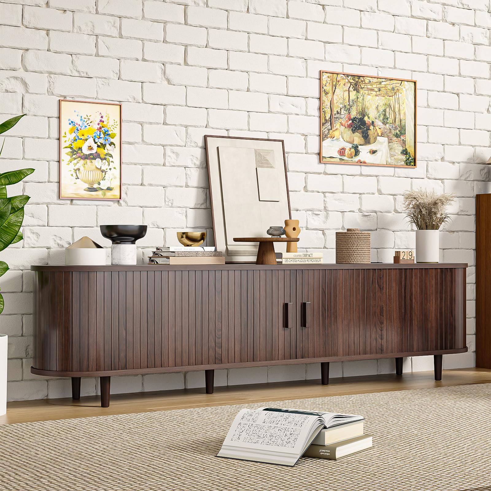 70" Mid Century Modern TV Stand with Sliding Doors
