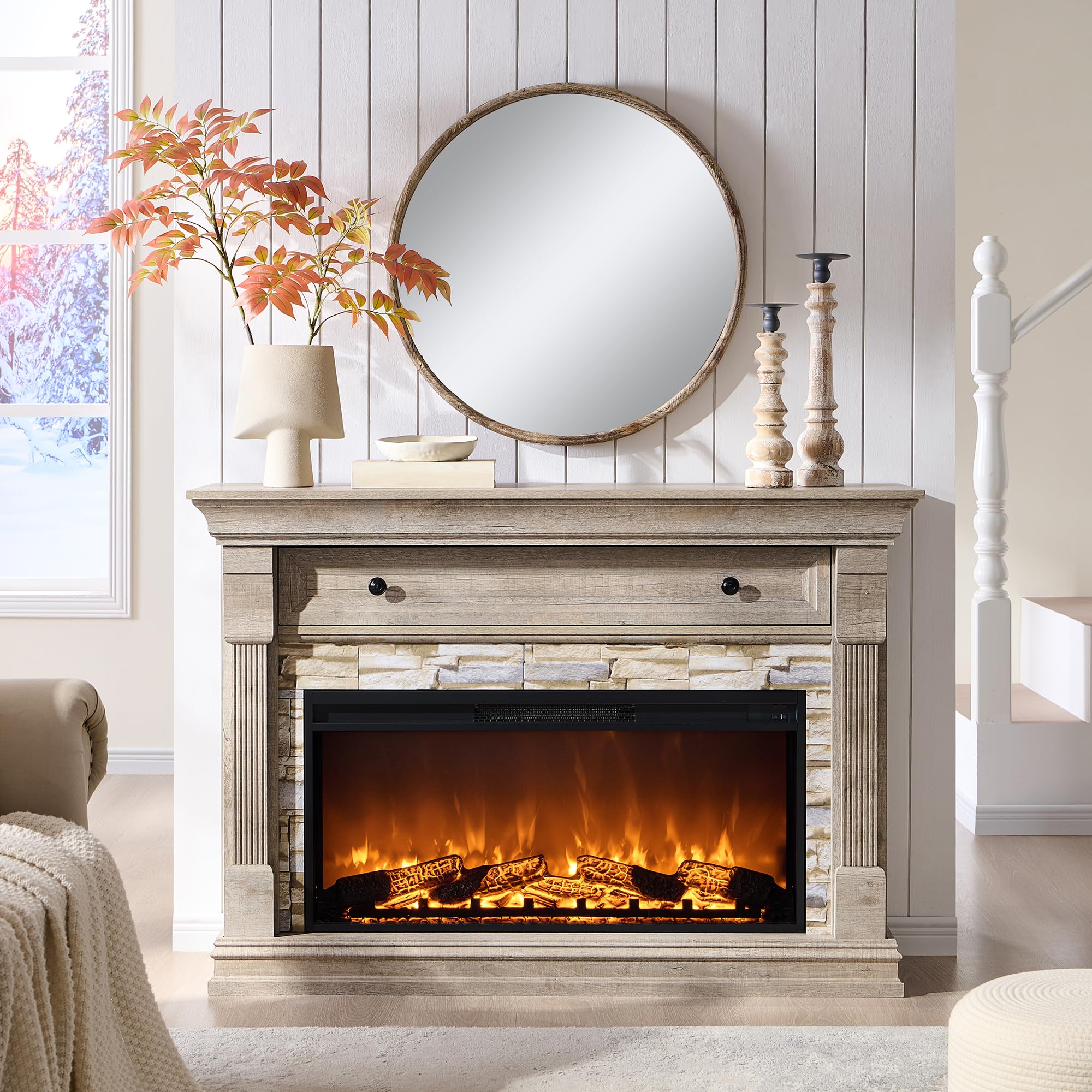 52" Farmhouse Electric Fireplace TV Stand with Mantel
