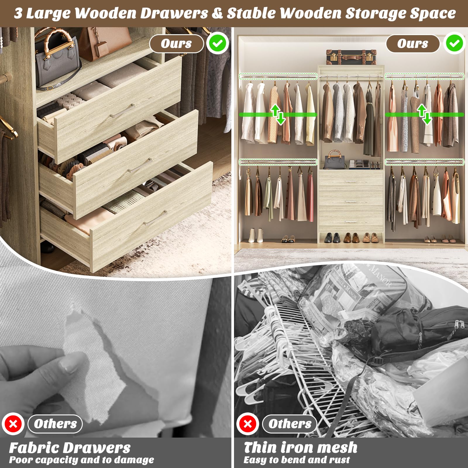 Wall-Mounted Closet System with 3 Drawers and 4 Hanging Rods