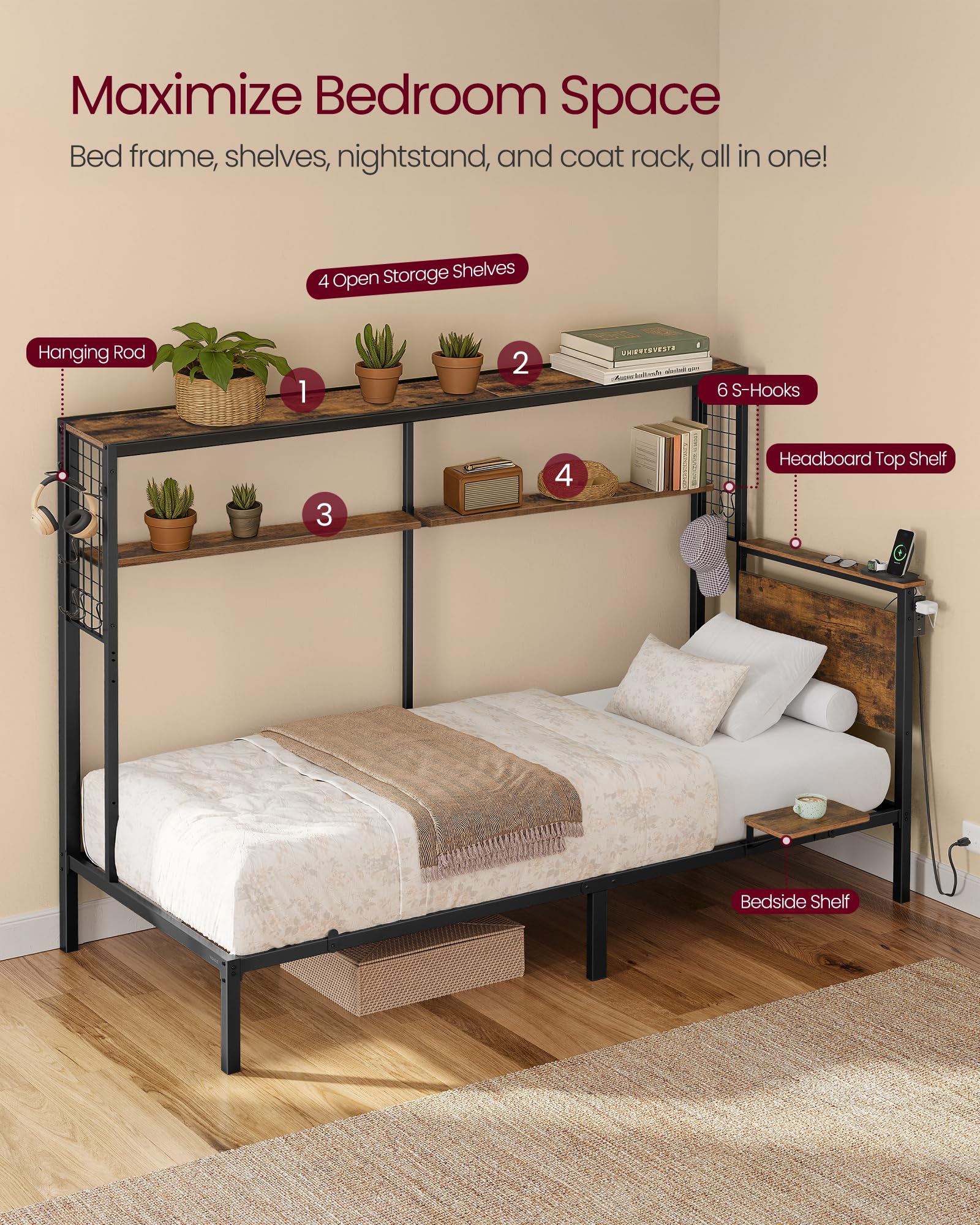 Twin Metal Bed Frame with LED Lights and Storage