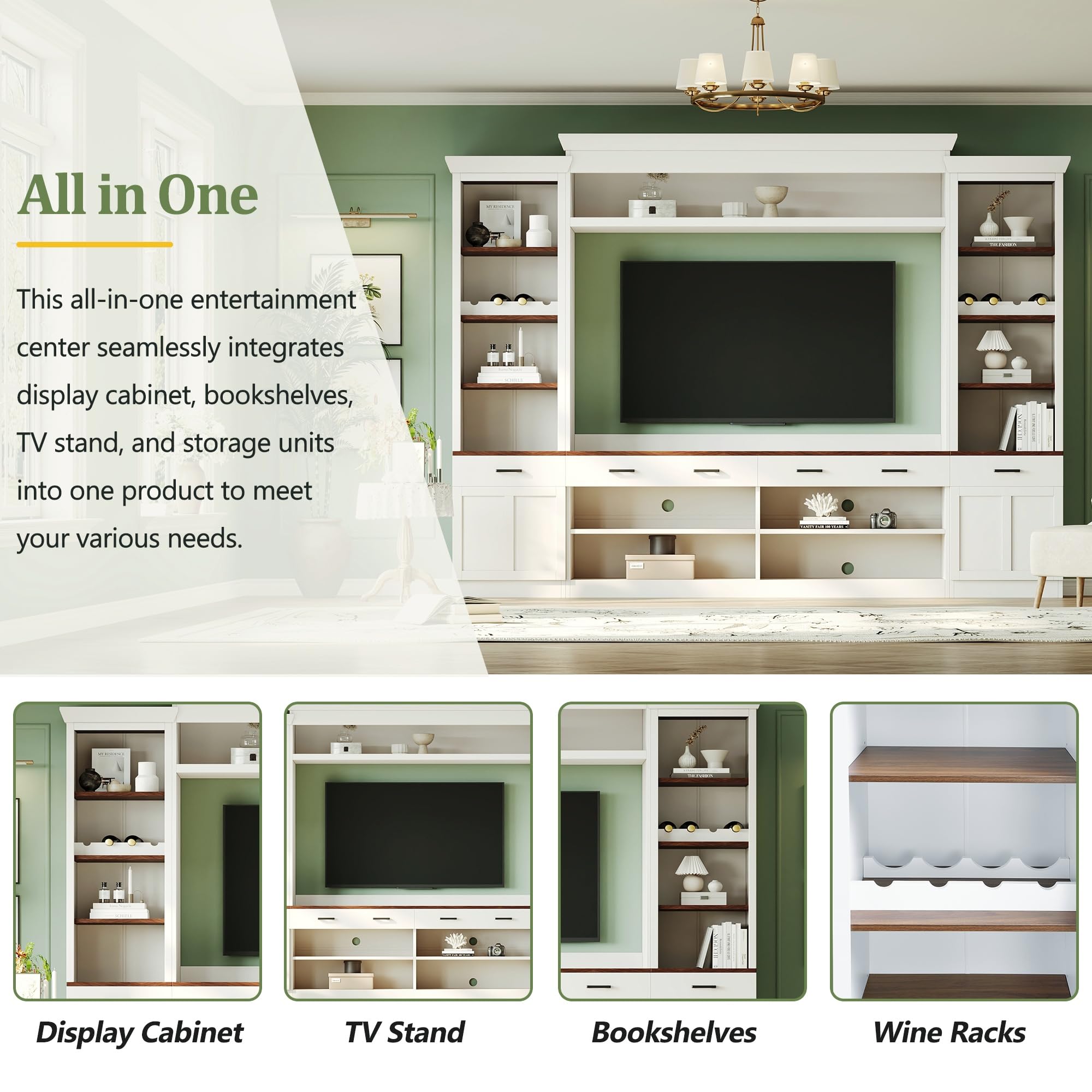4-Piece TV Stand with Bookshelf & Wine Rack for 70" TVs