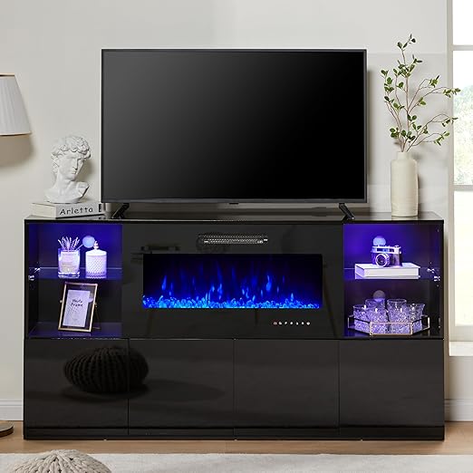 68" High Gloss Fireplace TV Stand with LED Lights