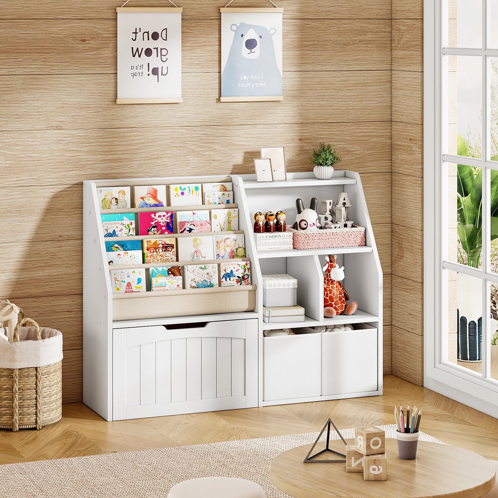 Kids Bookshelf with Toy Storage and Fabric Baskets