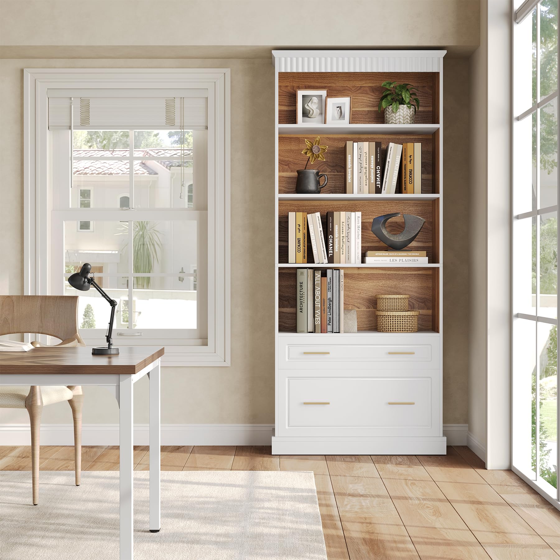 5-Tier Tall White Bookcase with Drawers