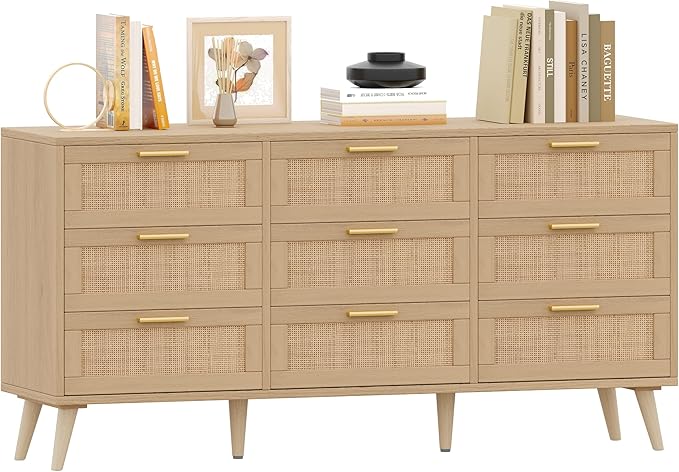 6 Drawer Double Dresser with Rattan and Golden Handles