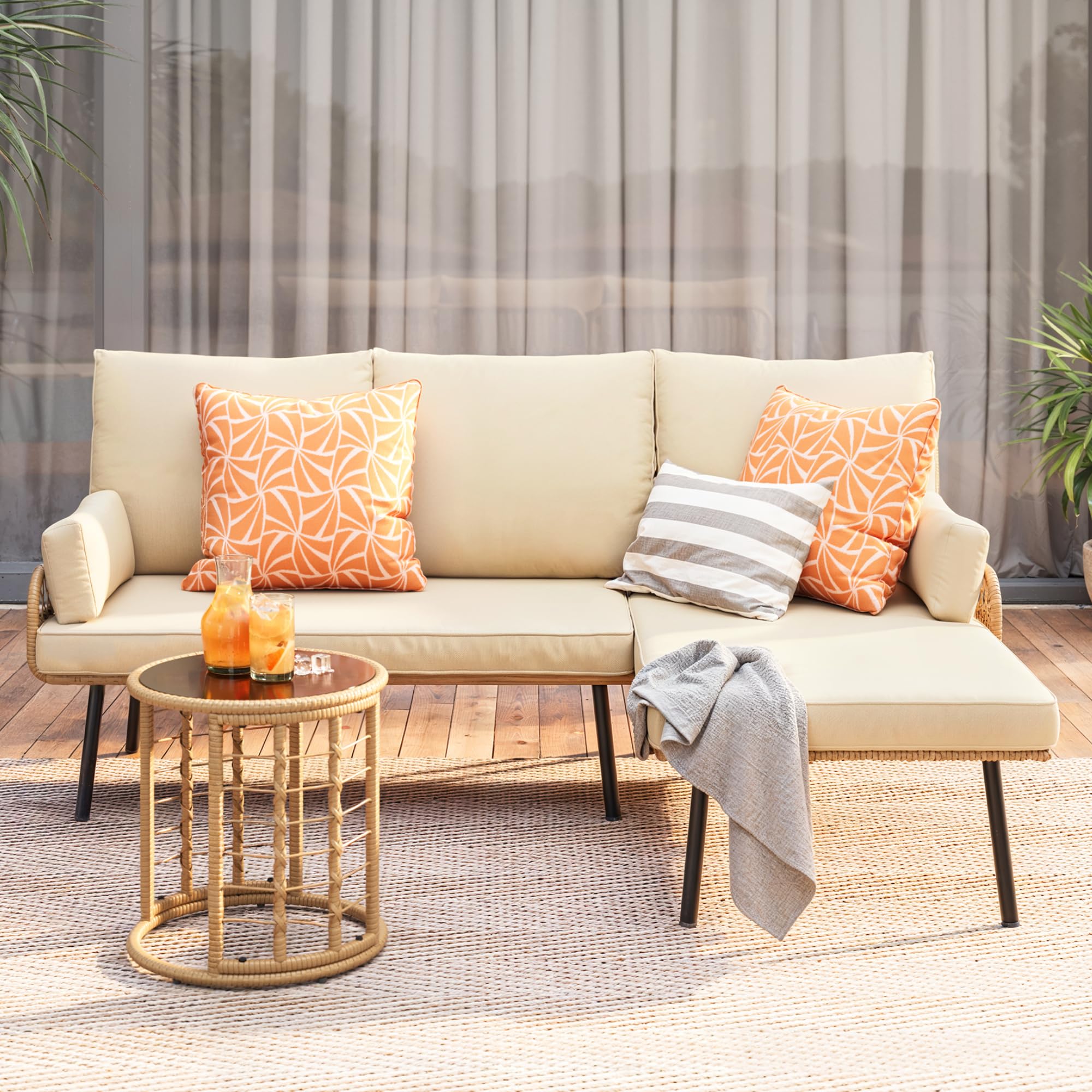 3-Piece Outdoor Patio Furniture Set with L-Shaped Sofa and Glass Table