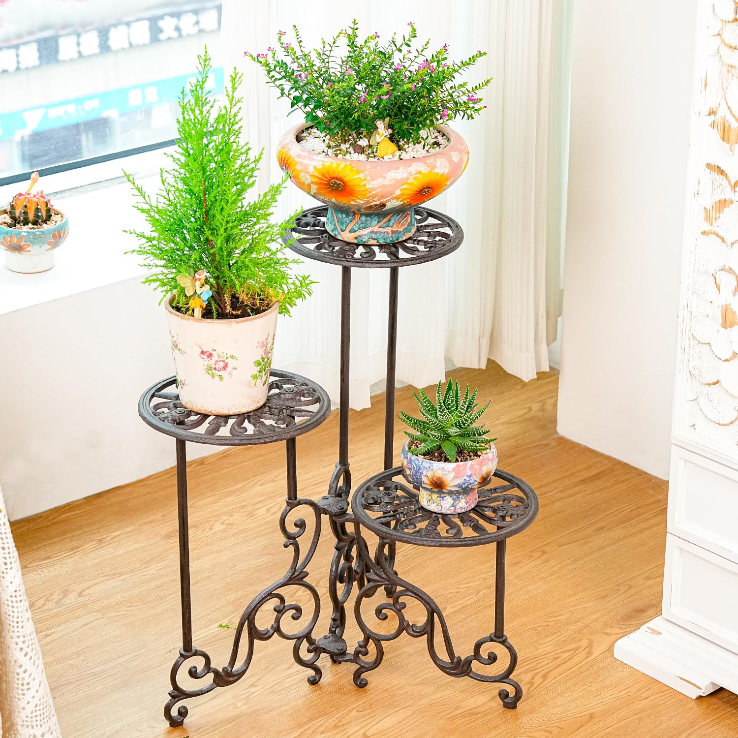 3-Tier Cast Iron Plant Stand 24in Tall Foldable Metal Shelf