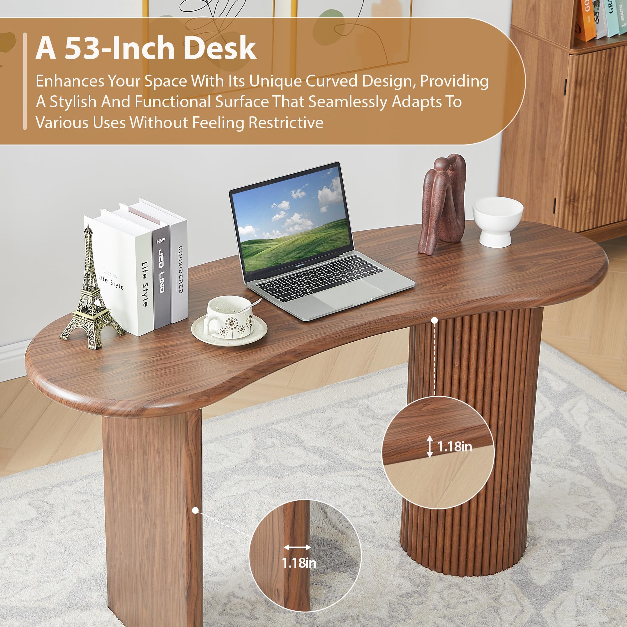 Curved Wooden Computer Desk with Fluted Legs