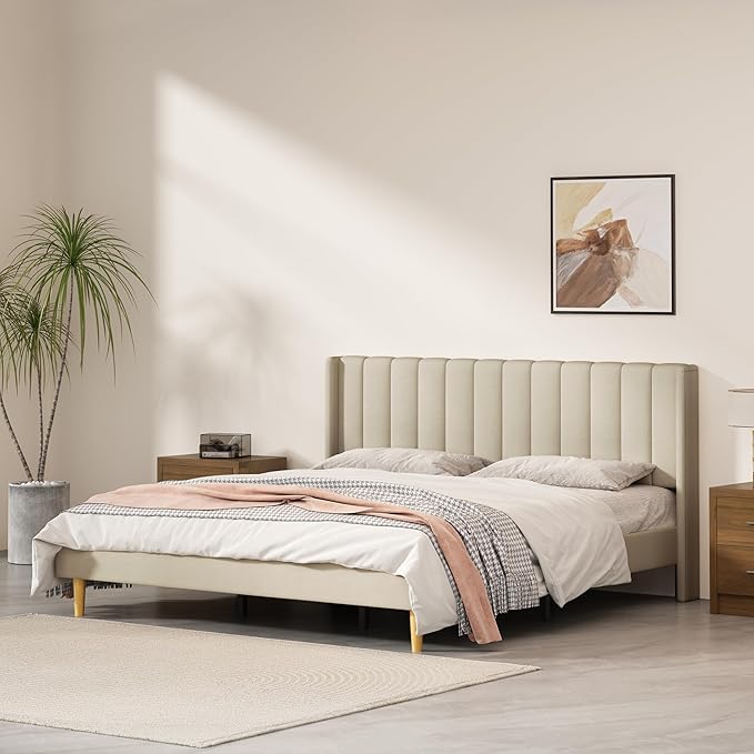 Pink Full Size Upholstered Platform Bed Frame with Wingback Headboard