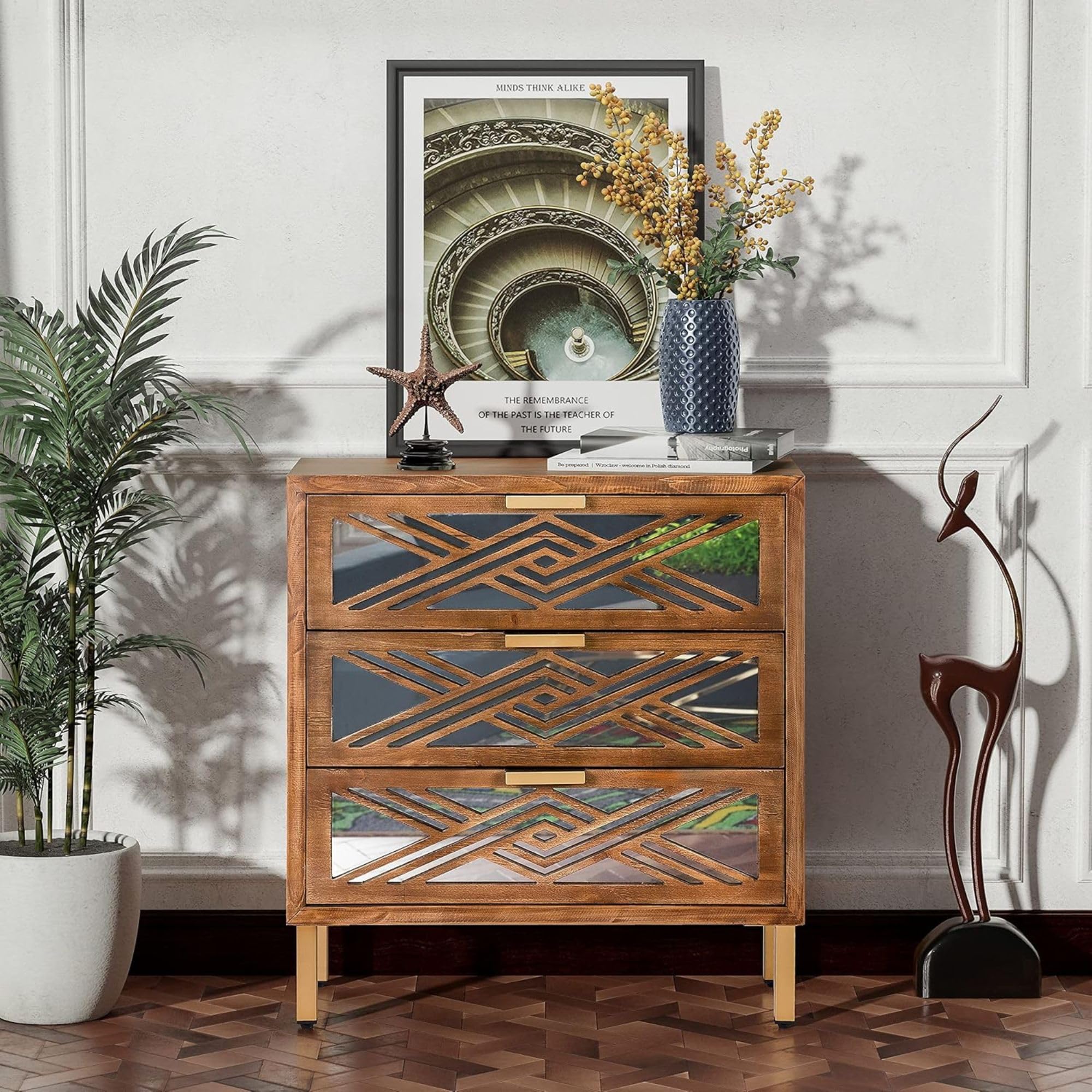 3-Drawer Accent Dresser with Geometric Mirror Front