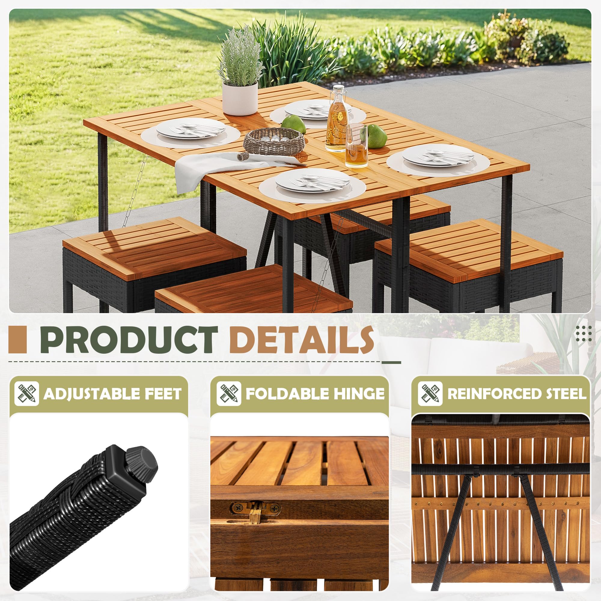 5-Piece Acacia Wood Bar Height Patio Set