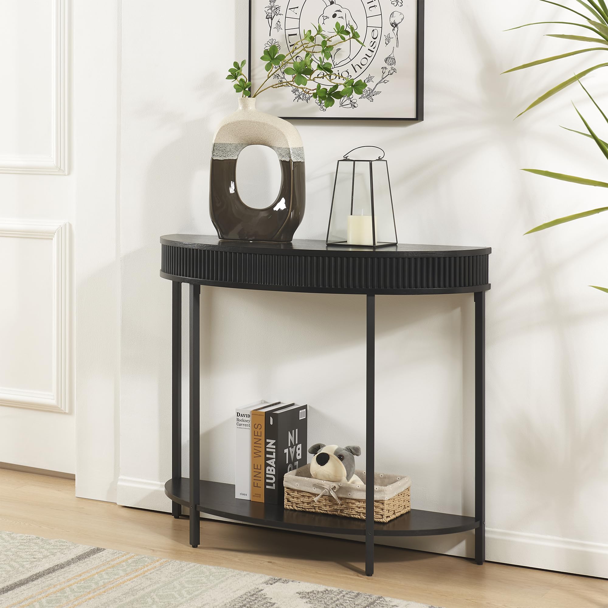 Fluted Half Moon Console Table - Modern 2-Tier Black Entryway