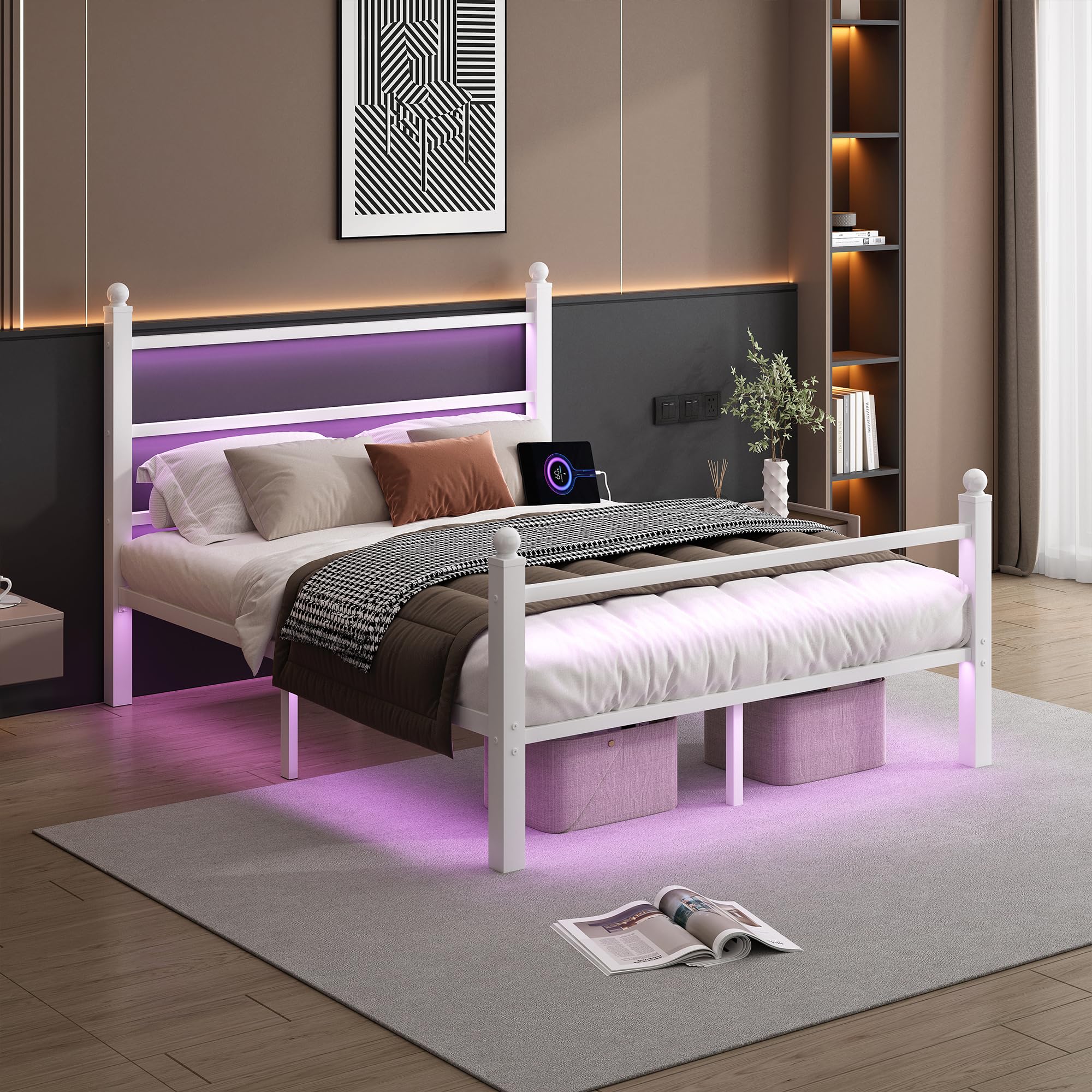 Full Size Metal Bed Frame with LED and USB Charging