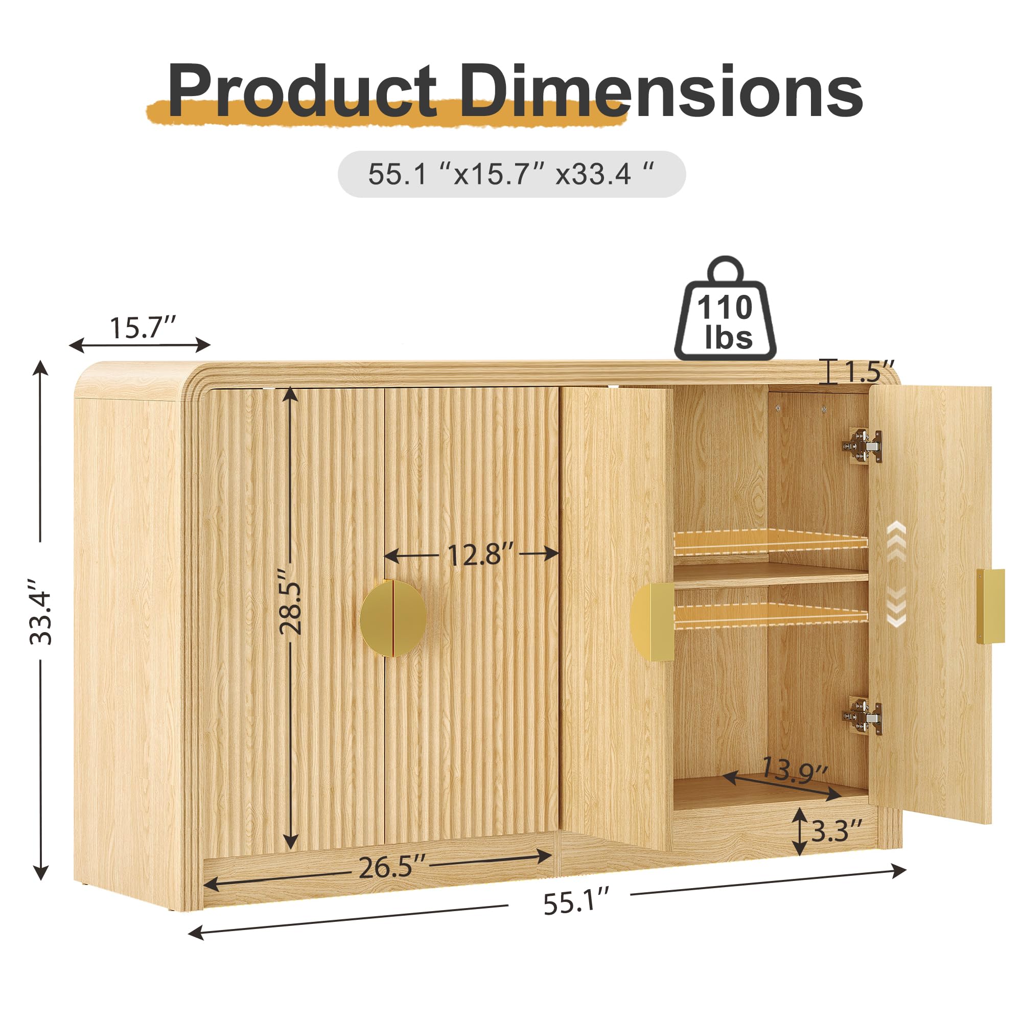 55" Buffet Sideboard Cabinet with Wavy Grain Doors